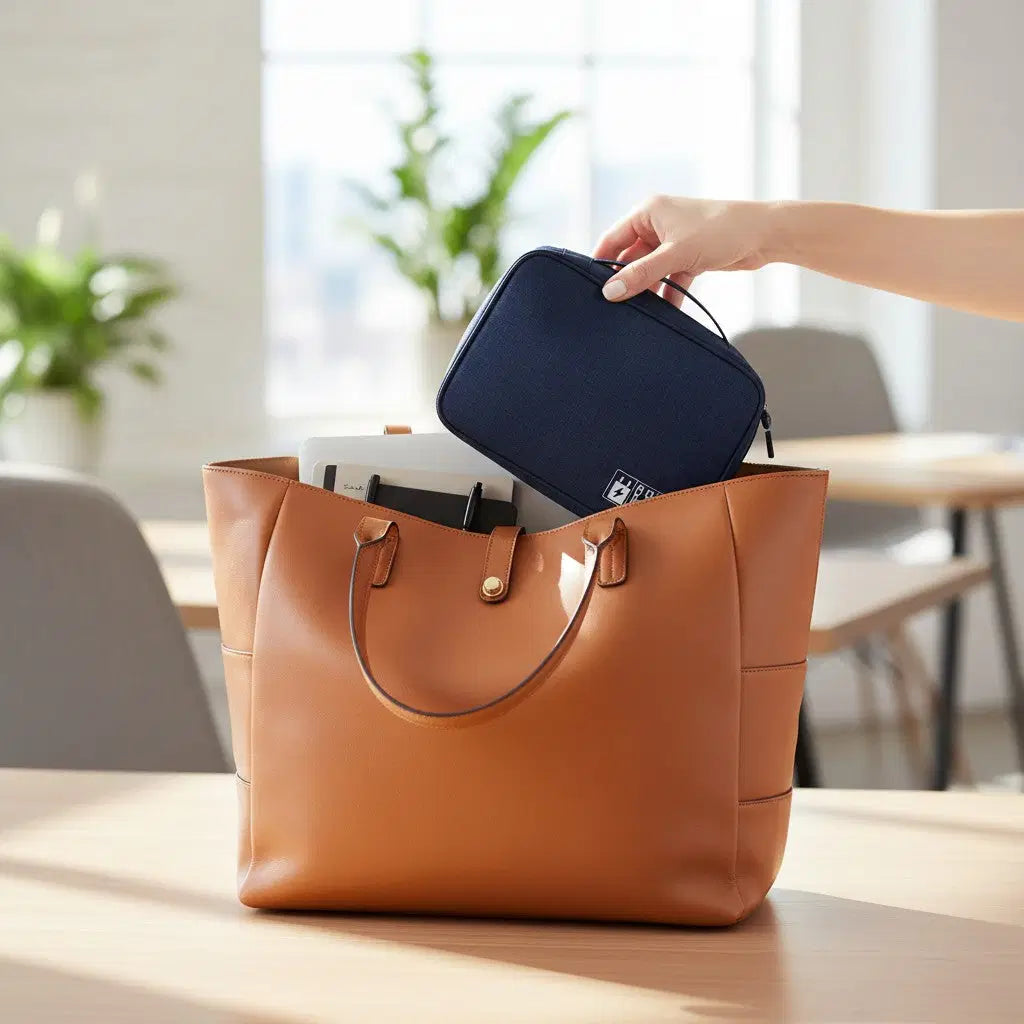 CordNest Travel Tech Organiser next to packing cubes