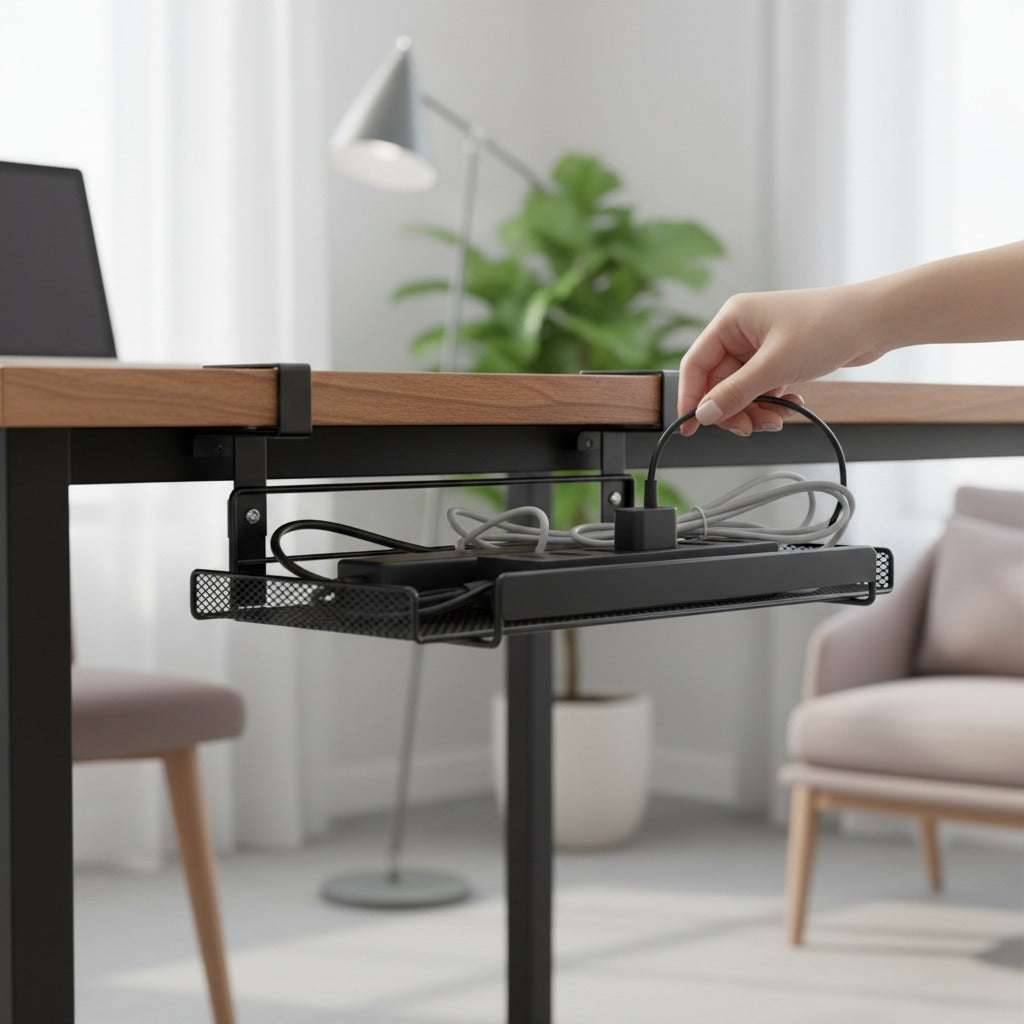 CordNest under-desk cable management tray for cords and power strips