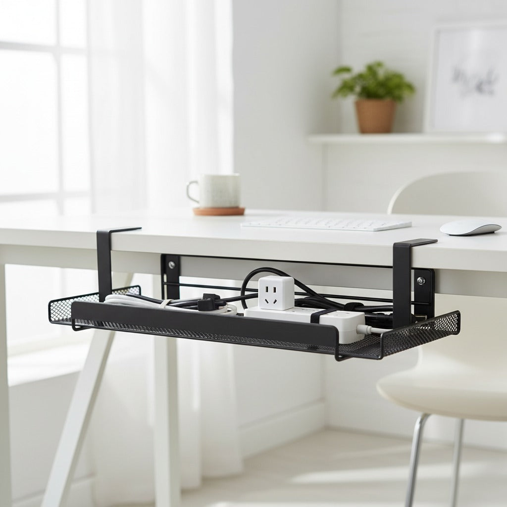 CordNest under-desk cable management tray for cords and power strips