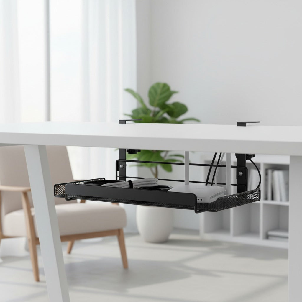 CordNest under-desk cable management tray for cords and power strips