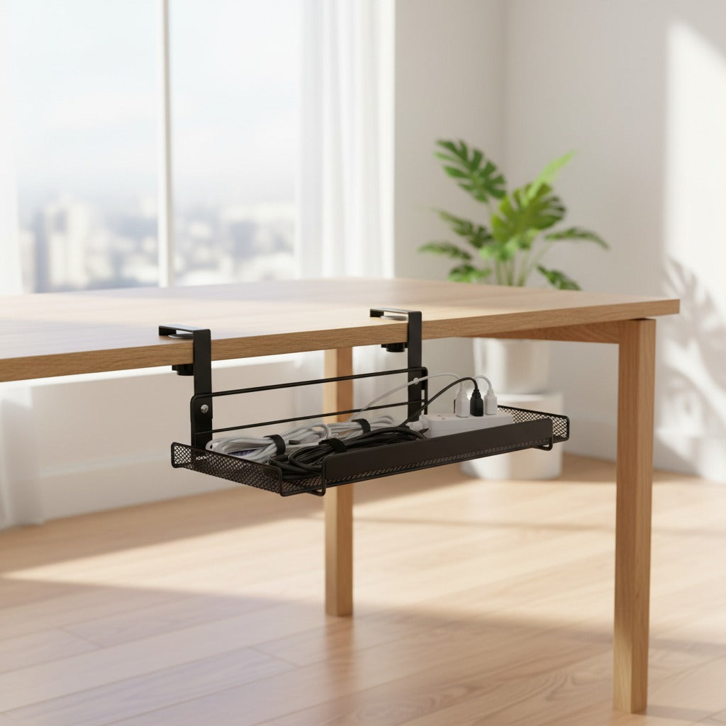 CordNest under-desk cable management tray for cords and power strips