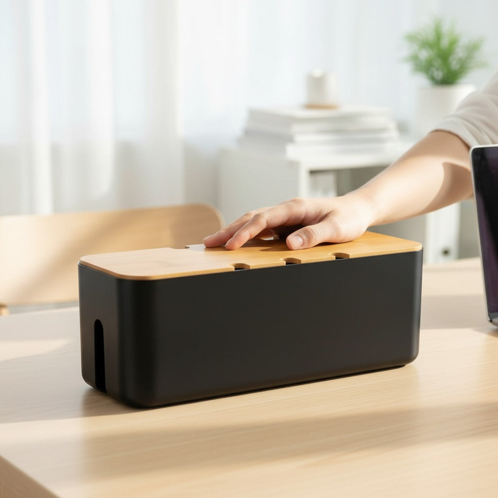 CordNest bamboo cable management box for hiding cords and power strips
