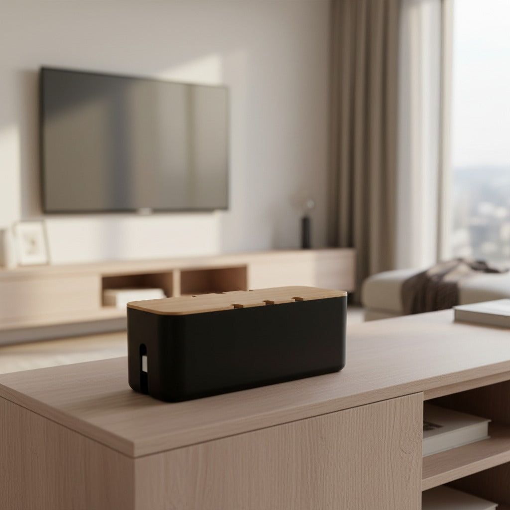 CordNest bamboo cable management box for hiding cords and power strips