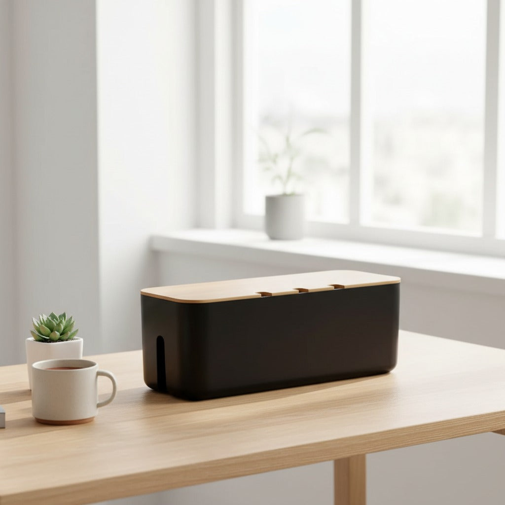CordNest bamboo cable management box for hiding cords and power strips